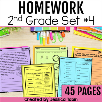 Preview of Homework Packet, 2nd Grade Homework with Folder Cover, ELA and Math Review Set 4