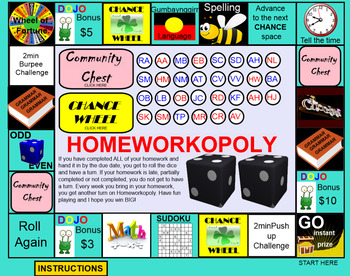 Preview of Homeworkopoly Interactive SMART Notebook File - Fully EDITABLE! Loads of fun.