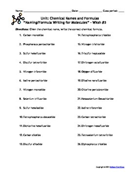 Preview of Homework Worksheets: Naming and Formula Writing - Set of 6!  Answers included!