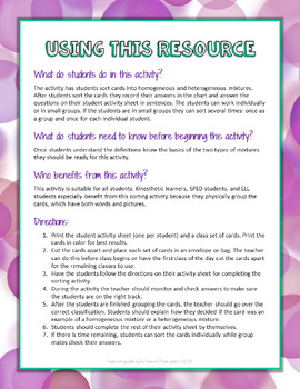 Homogeneous And Heterogeneous Mixtures Card Sorting Activity By Elly Thorsen