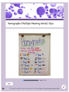 Preview of Homographs (Multiple Meaning Words) Quiz Google Form - Digital Learning
