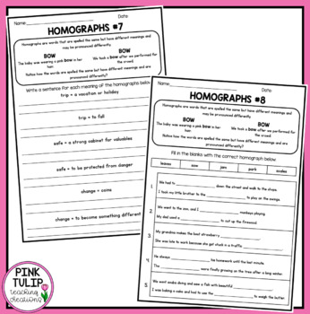 homographs worksheet pack with answers by pink tulip teaching creations