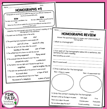 homographs worksheet pack with answers by pink tulip teaching creations