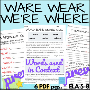 Preview of Commonly Confused Words: Homophones Grammar Worksheets ELA 5, 6, 7, 8th Grades