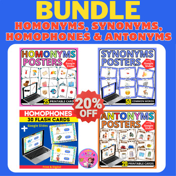 Preview of Homonyms, Synonyms, Homophones & Antonyms with Google Slides-Flash Cards bundle
