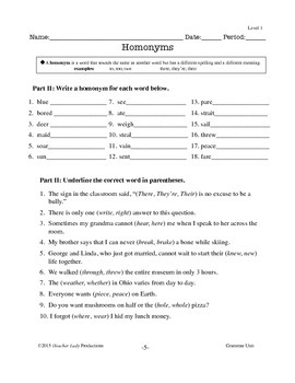 Homonyms- Worksheet Pack! by All Day ELA | Teachers Pay Teachers