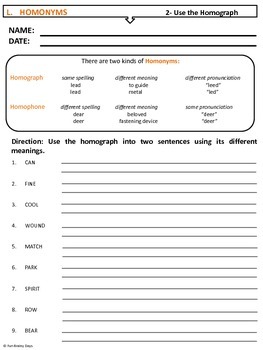 Homonyms Worksheets by Fun Brainy Days | Teachers Pay Teachers