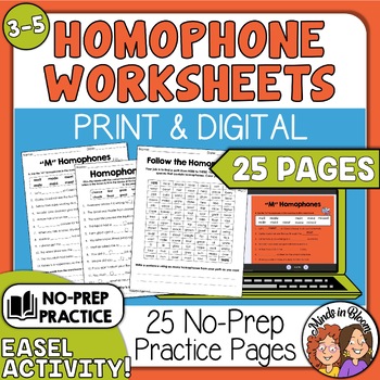 Preview of Homophones No-Prep Homophone ELA Worksheets and slides Practice - 3rd, 4th, 5th