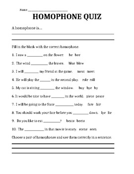 homophone quiz by natasha clark teachers pay teachers