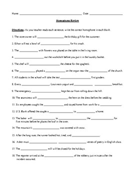 homophones review worksheet warm up or game with prompt and answer key