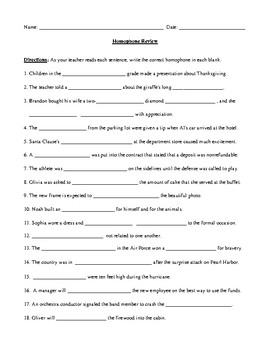 homophones review worksheet warm up or game with prompt and answer key
