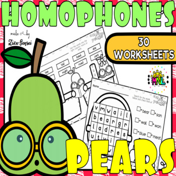 Preview of Homophone Pairs Phonics Pear Theme No-Prep Worksheets Pack