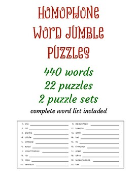 Homophone word jumble/scramble puzzles 440 words 22 puzzles per set 2 sets