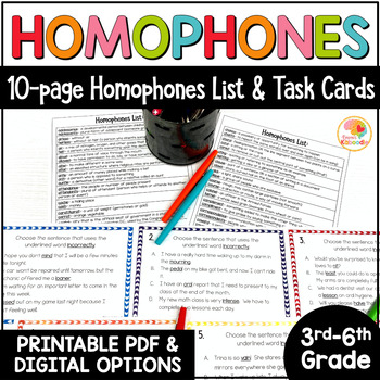 Preview of Homophones Worksheets Activity, Anchor Charts, List, and Task Cards