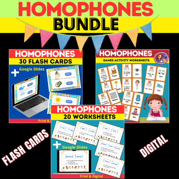 Preview of Homophones Bundle:Vocabulary Flash cards & Worksheets with Google Slides