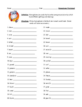 Preview of Homophones Handout: Definition, Worksheet, and Comprehensive Answer Key