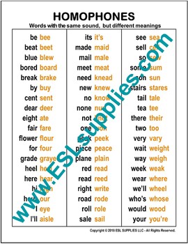 Preview of Homophones ESL English Vocabulary Classroom Poster