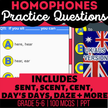 Preview of Homophones Interactive Review sent, scent, cent, here, ear, hear UK/AUS Spelling