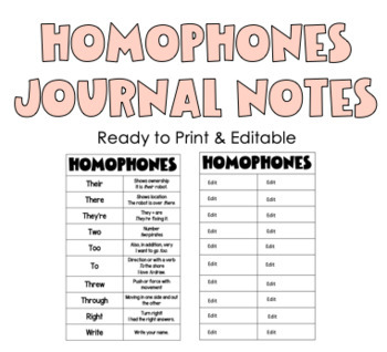 Preview of Homophones Journal Notes (Editable)