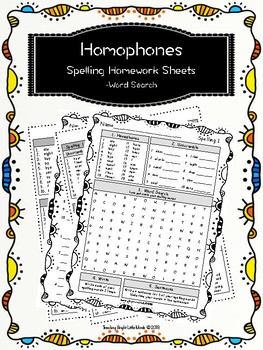 Preview of Homophones Spelling Homework Sheets with Word Searches (Grades 3 & 4)