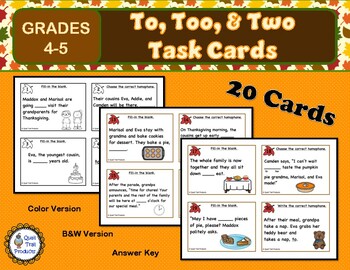 Preview of Homophones TO, TOO, & TWO Task Cards | Thanksgiving Theme