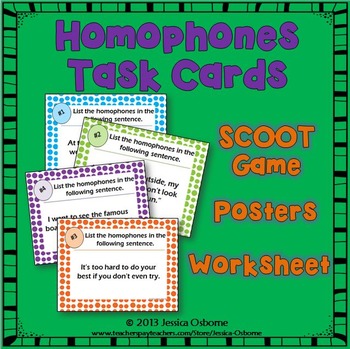 Preview of Homophones Task Cards: Scoot Game, Posters, & Worksheet