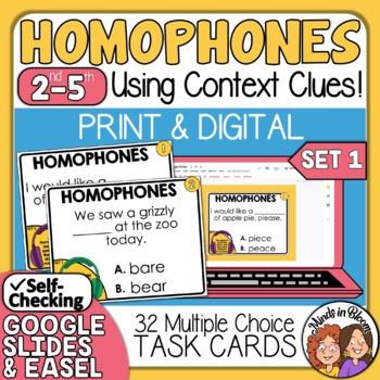 Preview of Homophones Task Cards | Set 1 | Multiple Choice! | Print & Digital Versions |