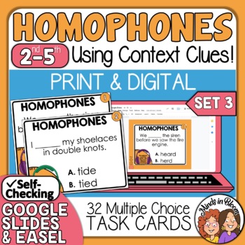 Preview of Homophones Task Cards | Set 3 | Multiple Choice | Print & Digital Versions |