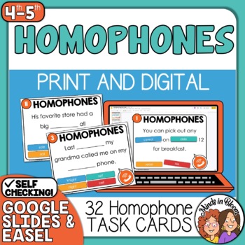 Preview of Homophones Task Cards plus digital activity - Drag and Drop or self-checking