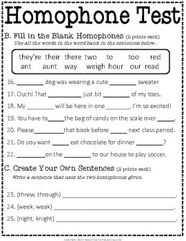 homophones test 2 page homophone quiz with answer key tpt