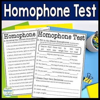 Preview of Homophones Test: 2-Page Homophone Quiz with Answer Key