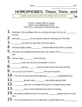 Preview of Homophones: Their, There, & They're (worksheet)