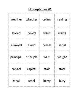 Homophones Word Study Lists Six Total