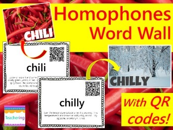 Preview of Homophones Word Wall {with QR Codes & Definitions}