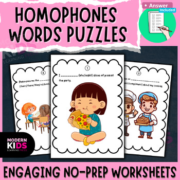 Preview of Homophones Words Puzzles - Engaging No-Prep Homophone Worksheets