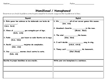homophones worksheet in english spanish by dual language sources