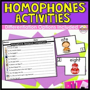 Preview of Homophones Matching Game + Worksheets with Differentiation & Picture Cards
