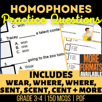 Preview of Homophones Worksheets | Vocabulary Multiple Choice Questions | 3rd-4th Grade