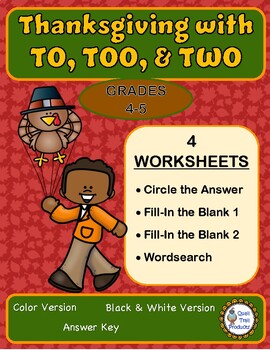 Preview of Homophones to, too, & two Thanksgiving Worksheets