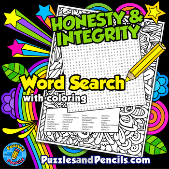 Preview of Honesty & Integrity Word Search Puzzle with Coloring | Character Education