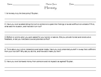 Preview of Honesty Worksheet For Self-Discovery, Integrity, & Authentic Living