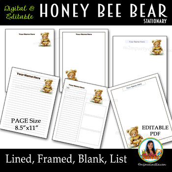 Preview of Honey Bear Stationery, Honey Bee Editable Theme Pages, Digital Planner, Lined 