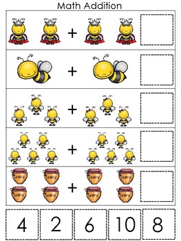 Preview of Honey Bees themed Math Addition Game. Printable Preschool Ga