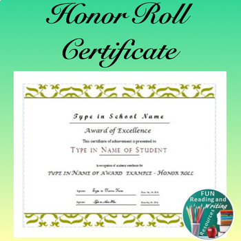 Preview of Honor Roll Award Certificate - Editable End of Year Award