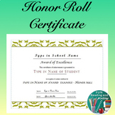 Honor Roll Award Certificate - Editable End of Year Award