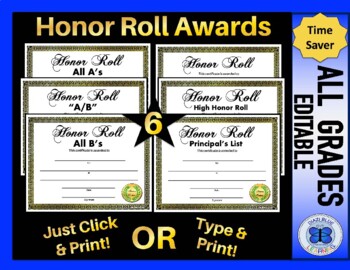 Preview of 6 Pack Honor Roll Certificates Gold Foil Border - All Grades - Editable