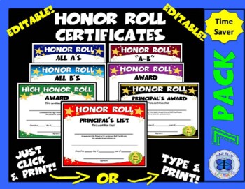 Preview of Honor Roll Certificate Set - Gold Stars - Editable