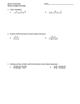 Preview of Honors Precalculus Review of Algebra Skills (Unit Review)