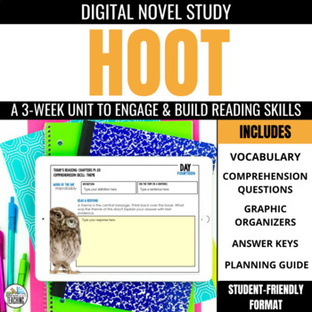 Preview of Hoot by Carl Hiaasen: A Digital Novel Study with Comprehension & Vocabulary