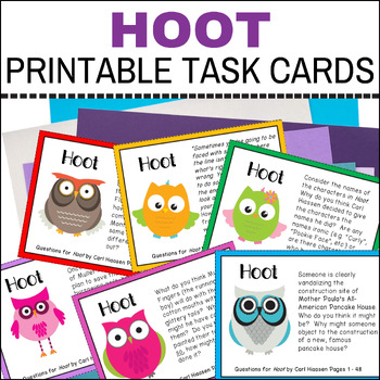 Preview of Hoot Book Club Discussion Cards PRINT and DIGITAL